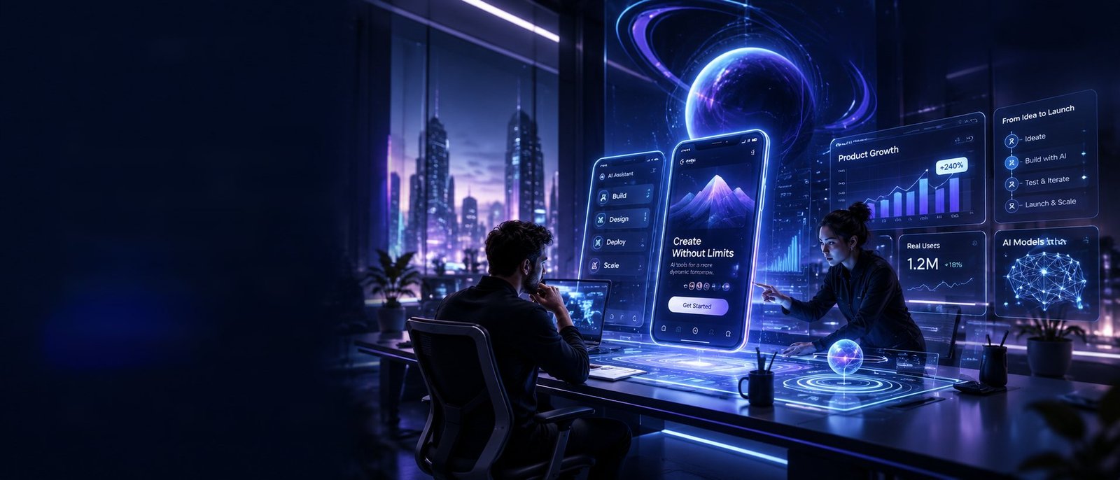 Designers working with AI app interfaces and growth dashboards in a night-time studio