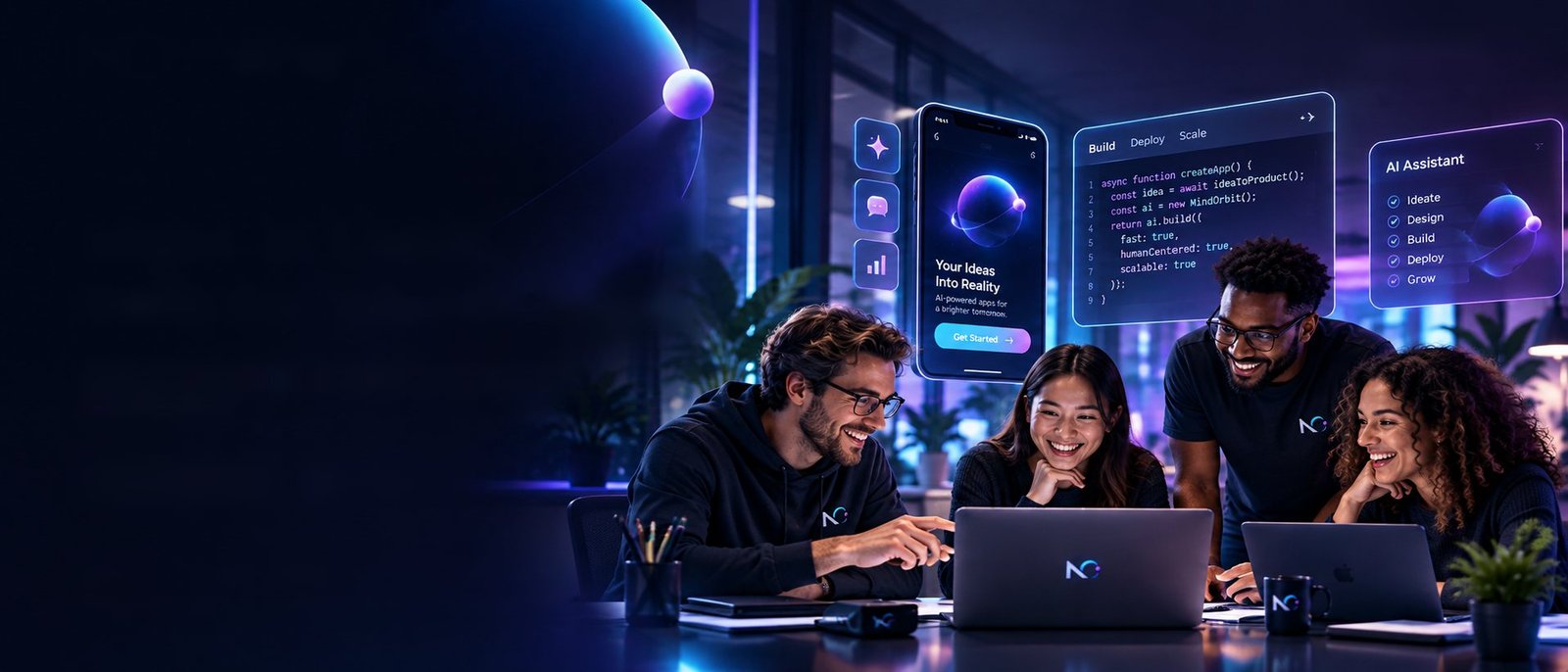 The Mind Orbit Studio team collaborating on an AI app around laptops